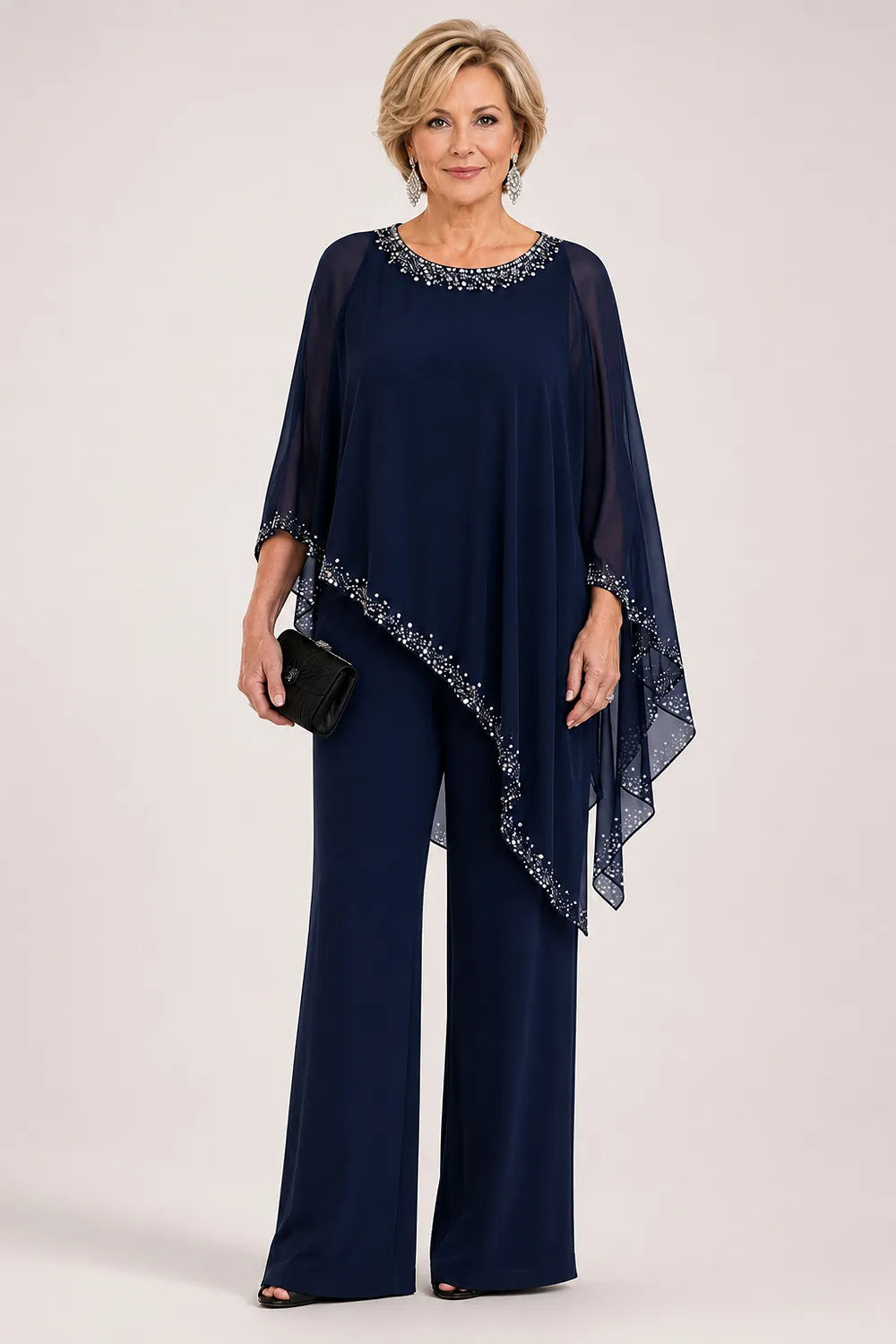 Pantsuit with chiffon cape with beads and wide legs
