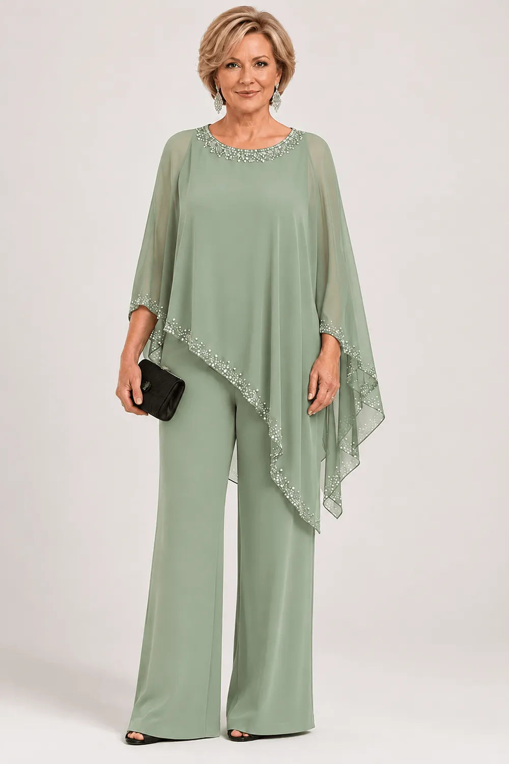 Pantsuit with chiffon cape with beads and wide legs
