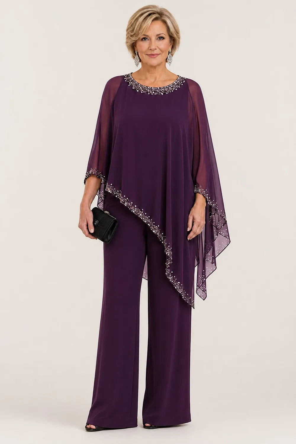 Pantsuit with chiffon cape with beads and wide legs