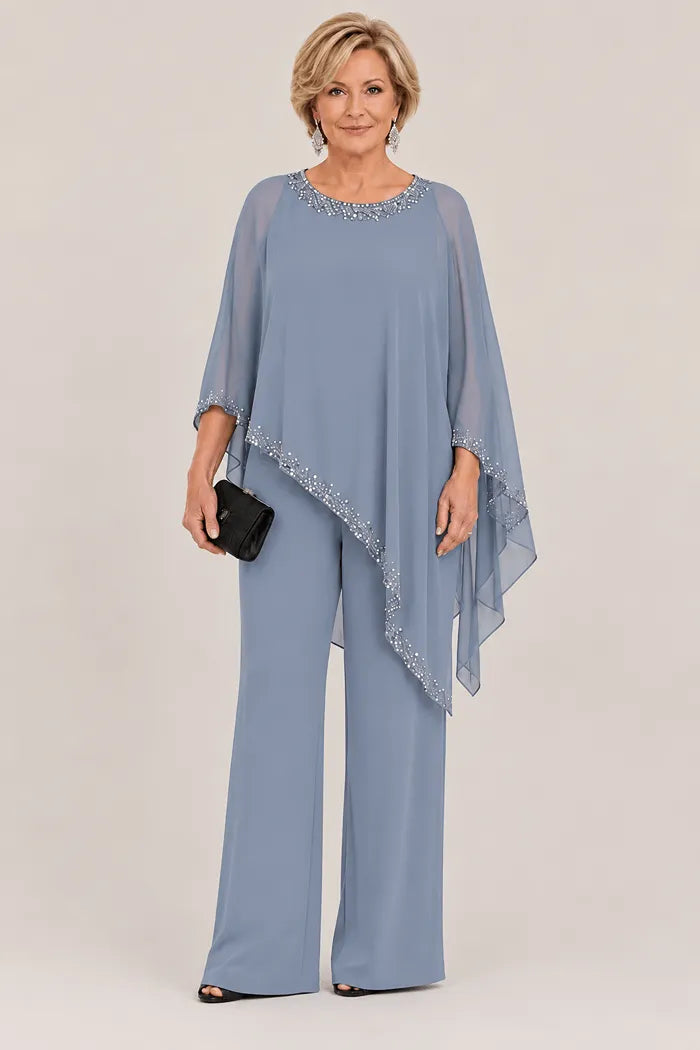 Pantsuit with chiffon cape with beads and wide legs