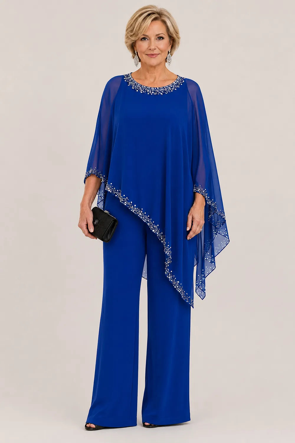 Pantsuit with chiffon cape with beads and wide legs