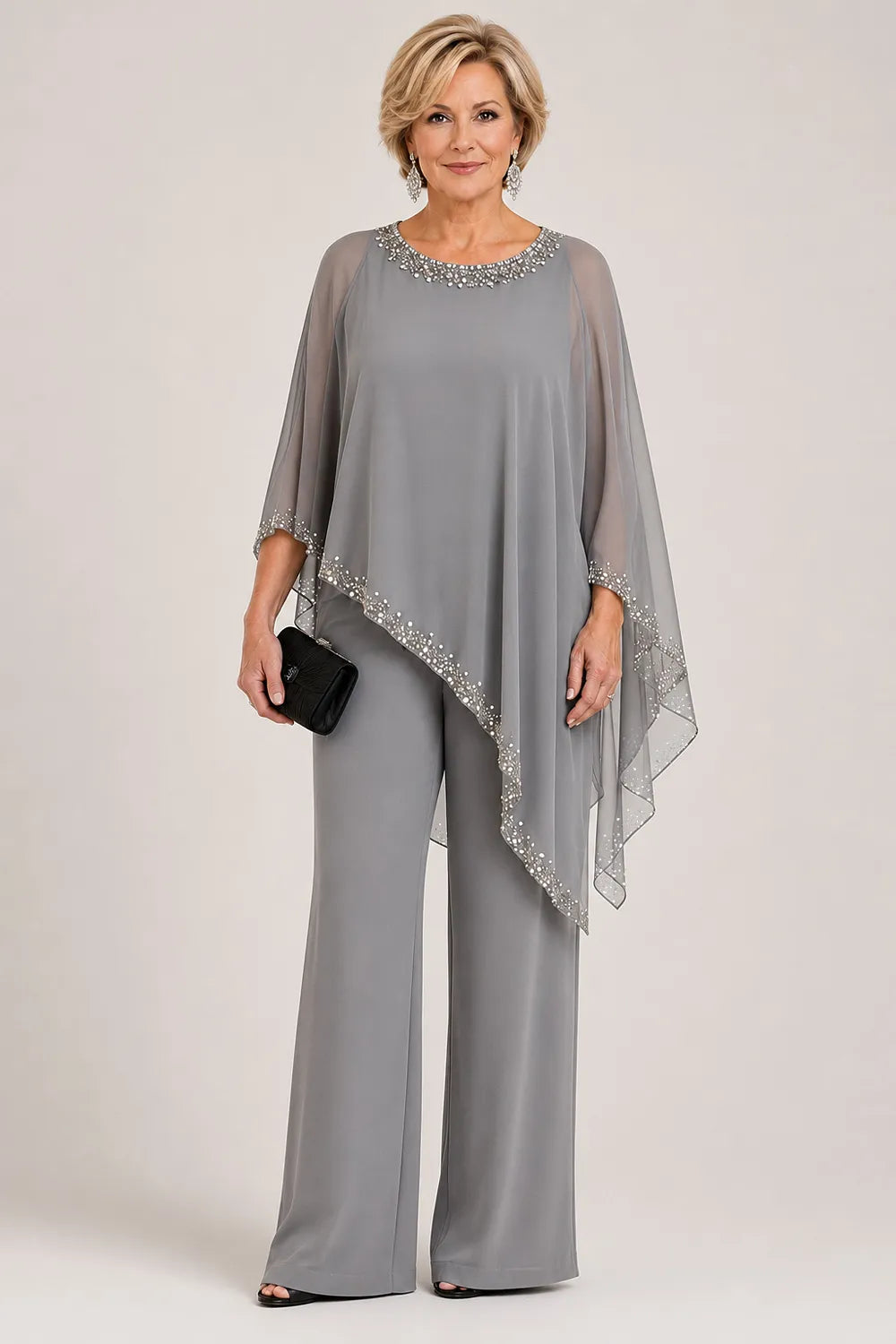 Pantsuit with chiffon cape with beads and wide legs