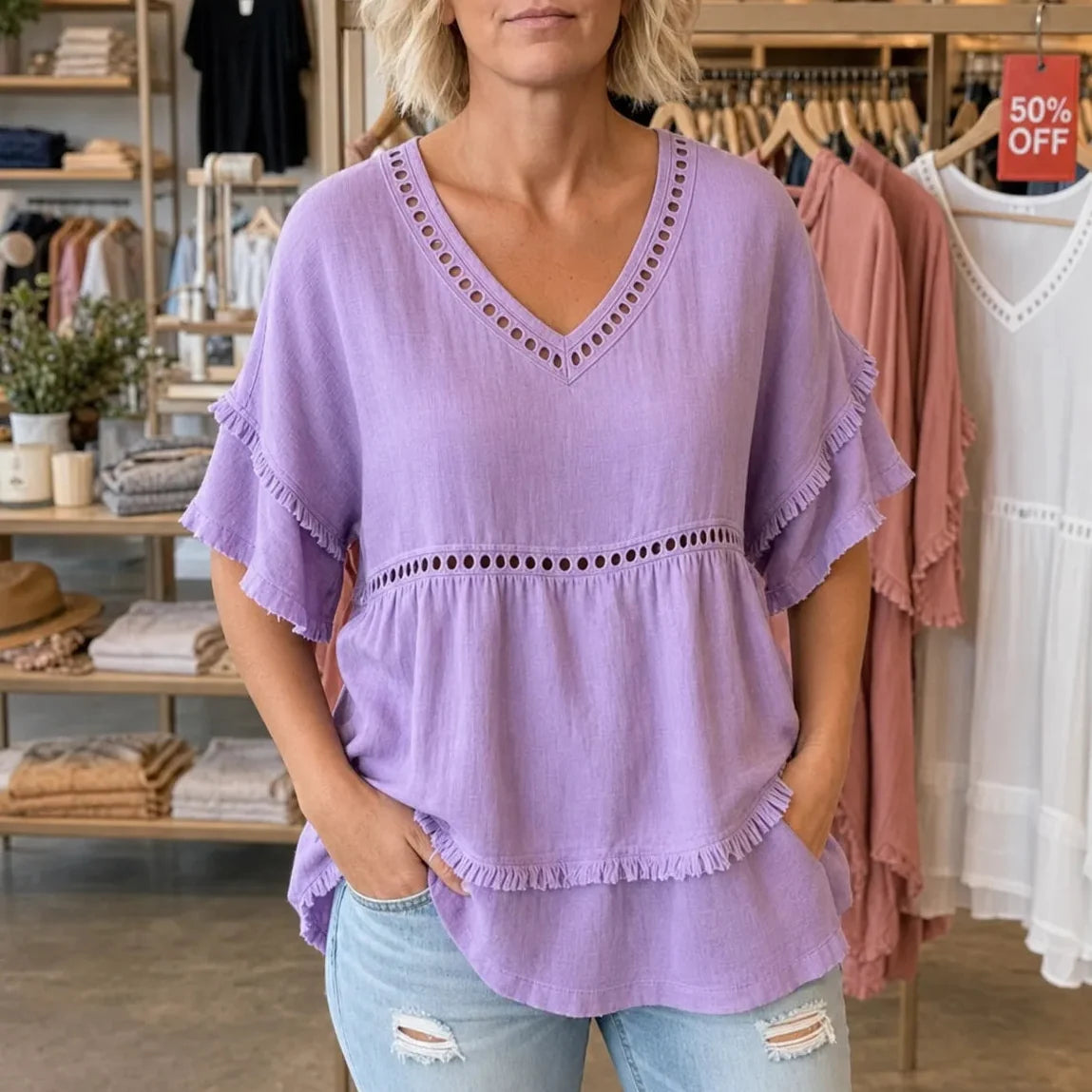 Solavie – Boho V-Neck Fringe Trim Tunic Top for Women