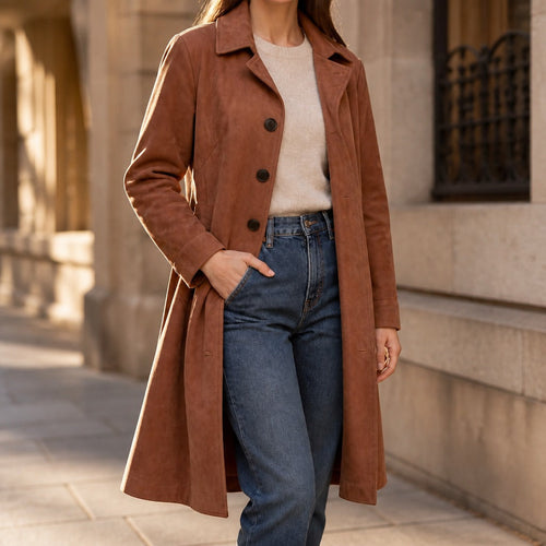 Draperie – Faux Suede Trench Coat for Women, Belted Fall Jacket