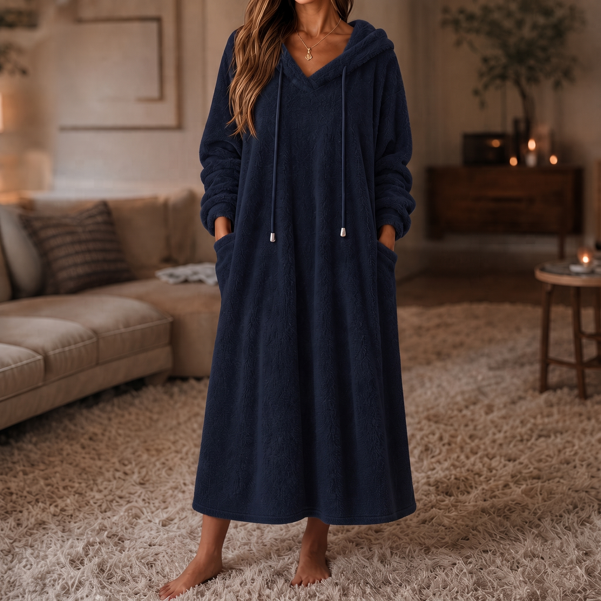 Wrapelle – Hooded Plush A-Line Maxi Lounge Dress