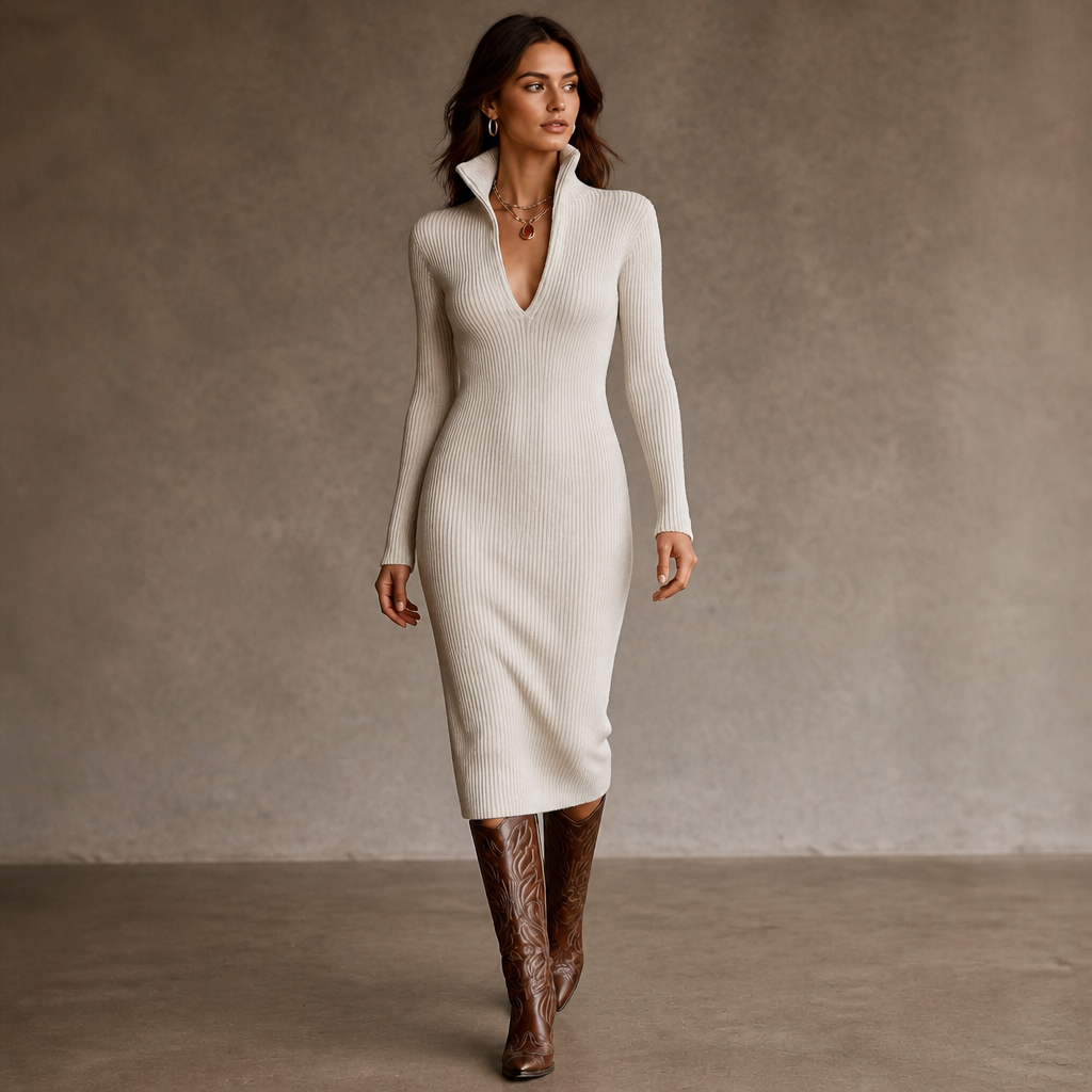 Bellora – Turtleneck V-Neck Knit Midi Dress