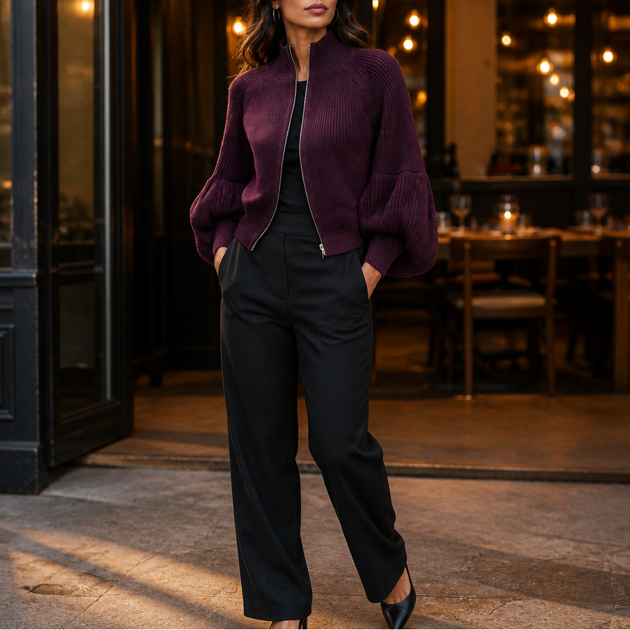 Lantera – Textured Lantern-Sleeve Zip-Up Knit Cardigan