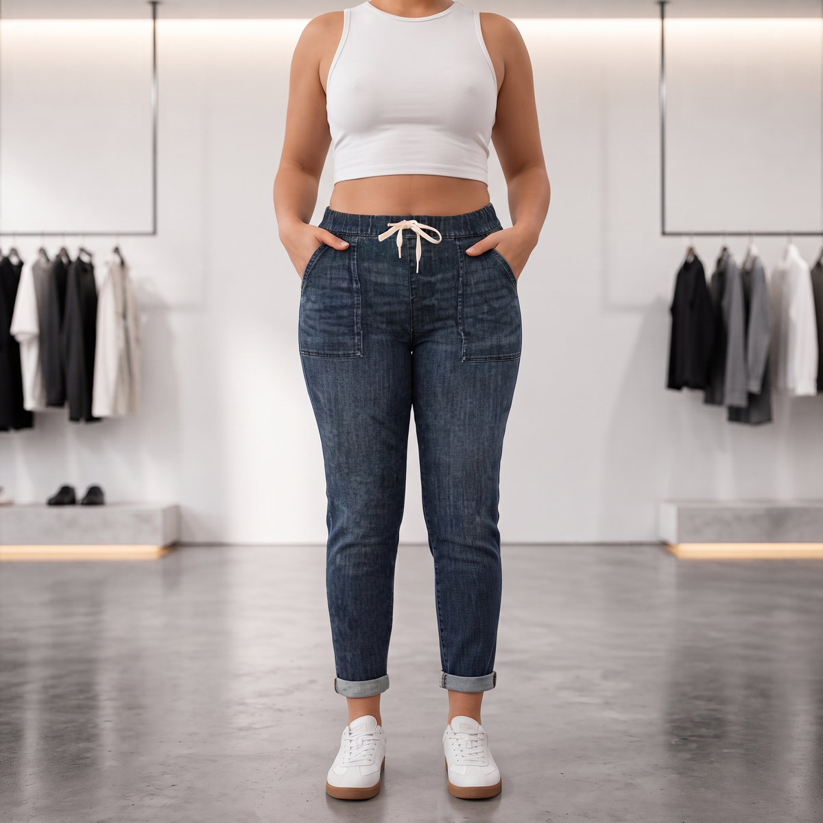 Trouver – Drawstring Waist Tapered Leg Denim Joggers