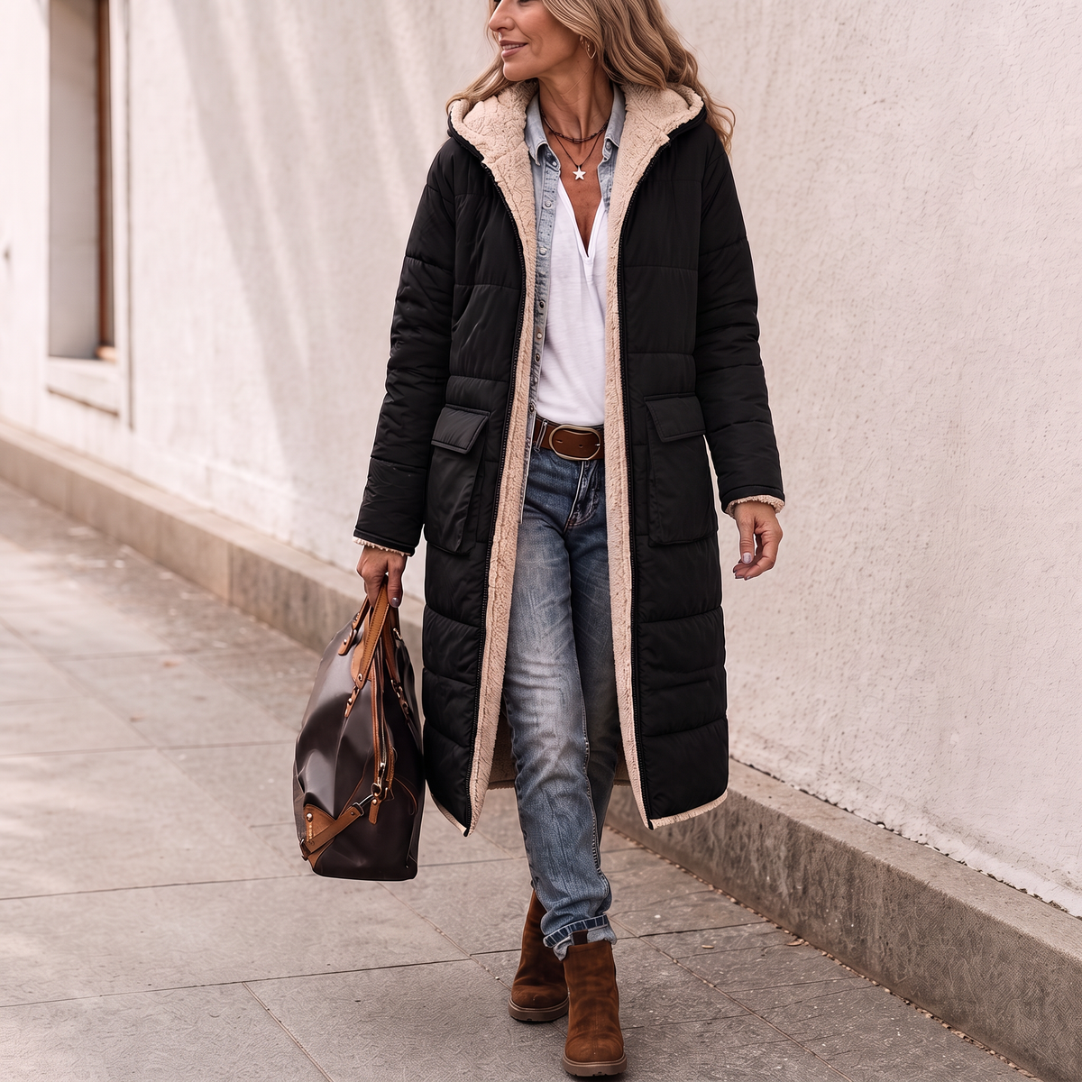 Veluna – Reversible Quilted Sherpa-Look Winter Coat