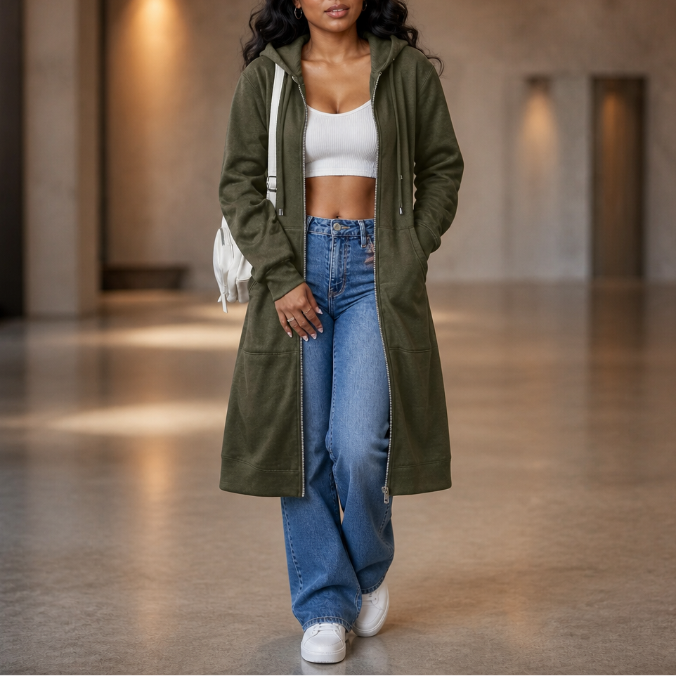 Cozyline – Fleece-Lined Tunic-Length Zip-Up Hoodie