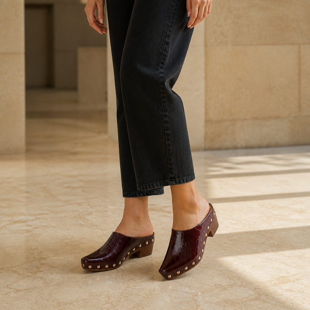 Ines Croc – Gold Dome Trim Croc-Embossed Clog Mules