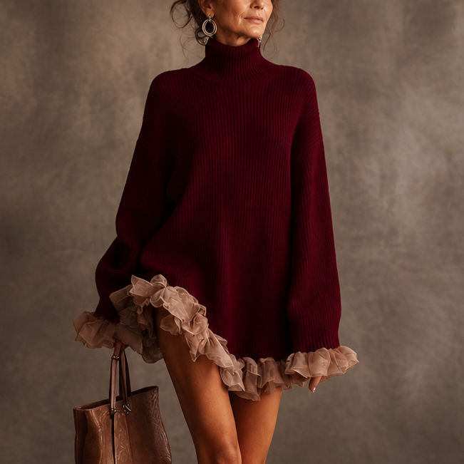 Rufflehaven – Mock Neck Oversized Ruffle-Trim Sweater Dress