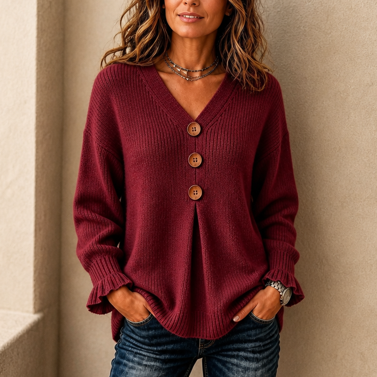 Vellora – Button-Detail V-Neck Knit Sweater