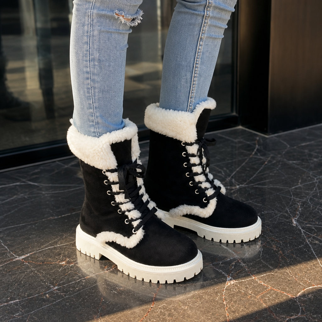 Velvara – Plush-Lined Lace-Up Mid-Calf Boots