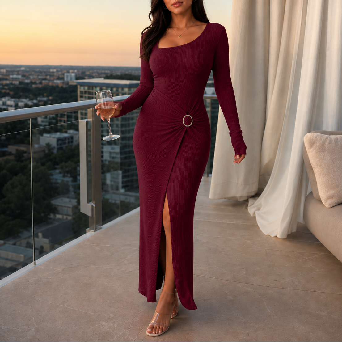 Virella – Asymmetric Ring-Ruched Ribbed Knit Dress