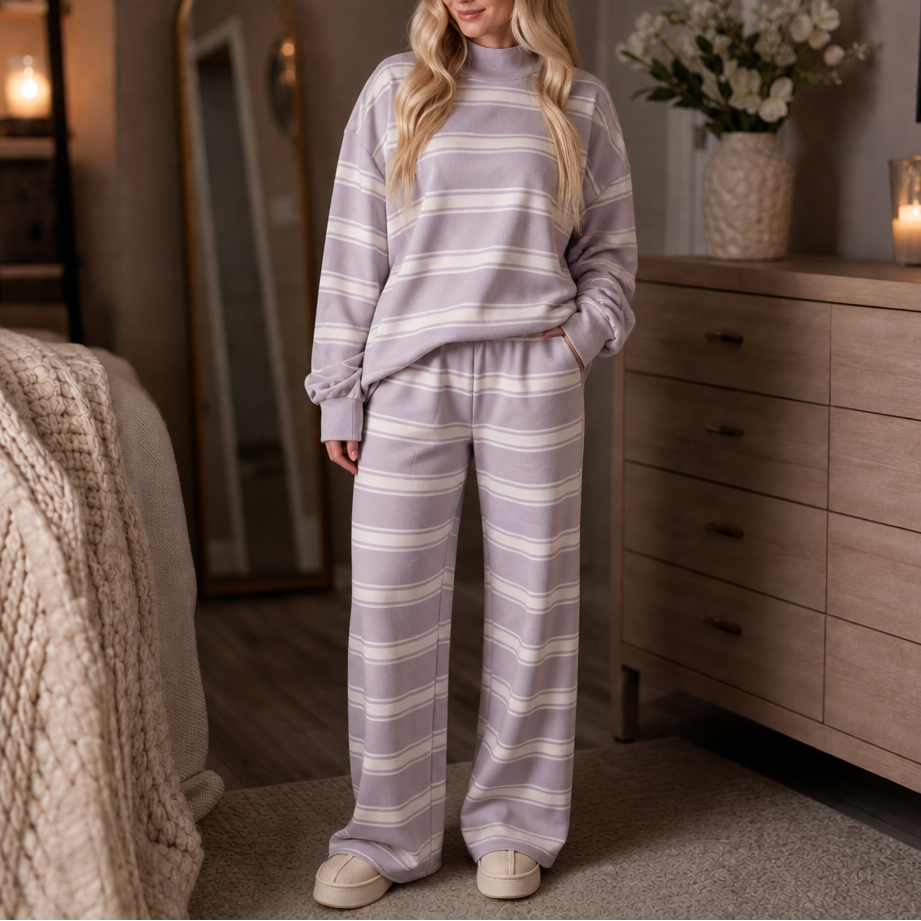 Stripe & Ease – Striped Mock-Neck Top And Wide-Leg Pants Set