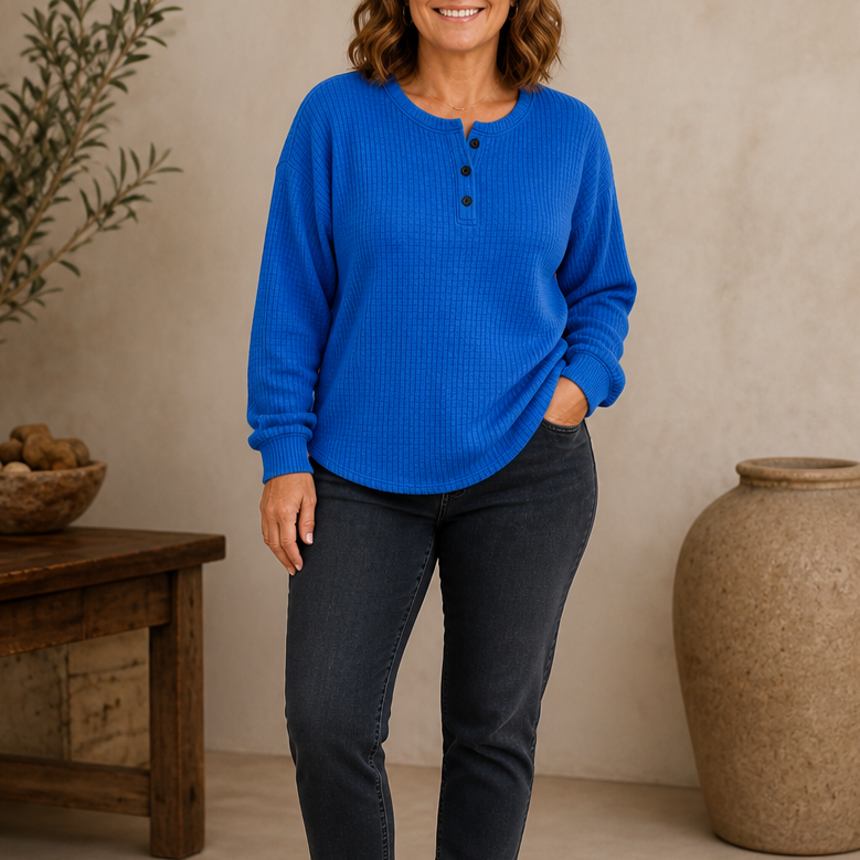 Wearla – Ribbed Waffle Knit Henley Top